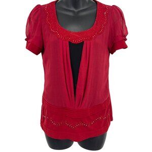 Burberry London Large Red Embellished Blouse Top Short Sleeve Scalloped Neck